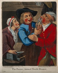 A rustic farrier turned tooth-drawer extracting a tooth from a standing man, a woman looks on. Coloured mezzotint after J. Harris the elder.