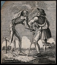 The dance of death: death, who has only one foot, and a lame man who also has only one foot. Etching attributed to J.-A. Chovin after the Basel dance of death.