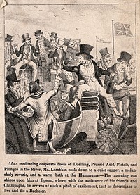 Mr. Lambkin drunk on champagne sitting in a carriage at Epsom with lots of other drunken bachelors. Lithograph by G. Cruikshank.