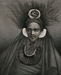 The ruler of Tahuata, Polynesia, encountered by Captain Cook on his second voyage. Engraving by J. Hall, 1777, after W. Hodges.