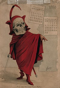 A skeleton dressed as a devil with sword. Lithograph by L. Crusius, 1898.