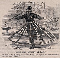 A man skating on a frozen lake while wearing a crinoline cage for protection. Wood engraving, ca. 1856.