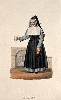 A nun holding a medicine spoon with her hospital behind her. Watercolour drawing.