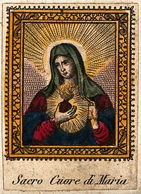Saint Mary (the Blessed Virgin). Coloured etching.