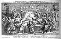 A large table in a lecture hall with many commercial medicine vendors and practitioners seated around it: in the background are many tiers of spectators. Engraving, 1748.