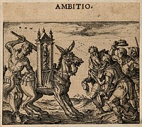 Men worship an ass bearing a religious image; alluding to both Aesop's fable of the ass and idol worship in Arianism and contemporary Catholicism. Etching by C. Murer after himself, c. 1600-1614.