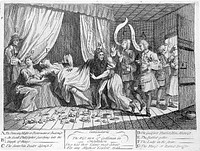 Mary Toft (Tofts) appearing to give birth to rabbits in the presence of several surgeons and man-midwives sent from London to examine her. Etching by W. Hogarth, 1726.