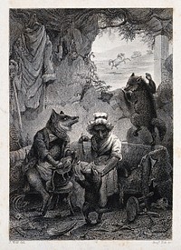 Inside the fox's abode, the old fox is stuffing a hare's head into a bag while the female fox is entertaining the young. Etching by A. Fox after J. Wolf.
