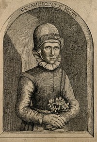 Eva Vliegen, a woman who lived off the smell of flowers. Etching after B. Flessiers .
