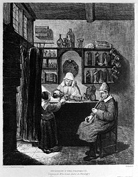A female apothecary mixing up a prescription for a child. Etching by G. Greux, 187-, after Q.G. van Brekelenkam.
