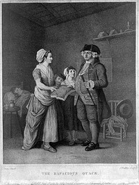 A greedy medical practitioner demanding a section of bread or cake  for payment from a poor family. Stipple engraving by J. Baldrey, 1784, after E. Penny.
