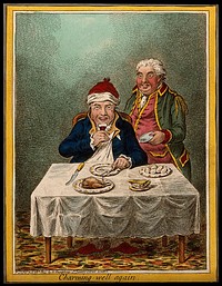 A convalescing man happily eating a meal, assisted by his grinning servant. Coloured etching by J. Gillray, 1804, after J. Sneyd.