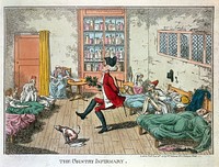 A nonchalant doctor dancing a jig amidst unhappy patients in a decrepit hospital ward. Coloured etching by C. Williams, 1813.