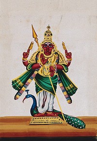 Kartikeya, also called Murugan, Hindu god of war, standing in front of a peacock. Gouache painting by an Indian artist.