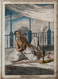 Man seated on balcony smoking cocoa nut hookah, Calcutta, West Bengal. Coloured etching by François Balthazar Solvyns, 1799.
