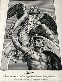 Astronomy: Mars with sword and shield, an angel above, looking heavenward. Engraving by N. Dorigny, 1695, after Raphael, 1516.