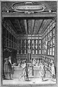 The interior of a busy pharmacy. Line engraving by C. Le Roy.