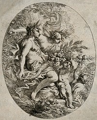 Bacchus, Ceres and Pomona with a cornucopia of fruit and corn. Etching by C. Schut I.