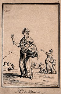 A young woman is selling wafer-cones from her basket. Etching by J. Duplessi-Bertaux.