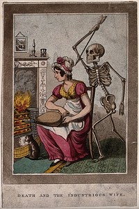 Death approaches a woman in a domestic setting. Aquatint.