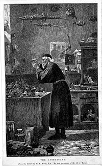 An apothecary mixing a concoction in his working room surrounded by the paraphernalia of his profession. Wood engraving by A. Bellenger after H.S. Marks.