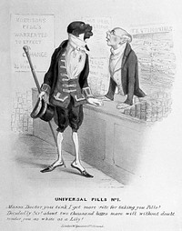 A black man buying some of J. Morison's pills, hoping they will make him white. Coloured lithograph.