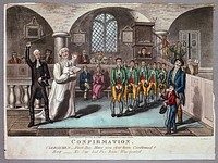 The confirmation ceremony for a group of boys; one of them confuses confirmation with vaccination. Coloured aquatint by G. Hunt, 1831.