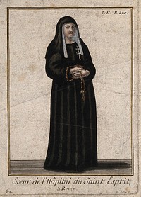A nun from the Hospital of Santo Spirito, Rome. Coloured line engraving by C. Duflos le père.