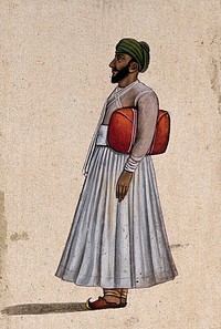 A Lucknow courtier holding a red folder under his arm. Gouache painting by an Indian artist.