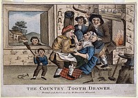 A country blacksmith in his forge extracting a tooth from a woman who is being restrained by her family. Etching.