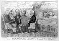 Four doctors discussing the case of Sir Toby Bumper, while he is recovering in bed from too much alcohol. Coloured etching by I. Cruikshank, 1807, after G.M. Woodward.