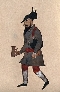 A man carrying a tankard. Gouache.