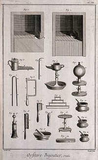 Elevations of a forge with various implements. Etching by Bénard after Lucotte.
