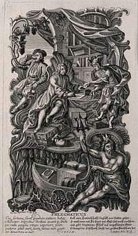 Neptune presiding over a businessman making money through investment and a man drinking beer; representing the phlegmatic temperament. Etching by J.D. Nessenthaler.