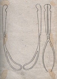 Surgical instruments: two figures, including one of forceps. Line engraving, 18--.