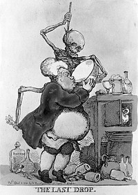 A man drinking himself to death; represented by a skeletal death figure above him and bottles scattered all around. Coloured etching by T. Rowlandson, 1811.
