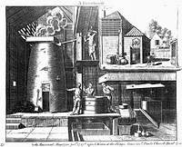 The interior and exterior of a working brewhouse. Engraving, c. 1747.