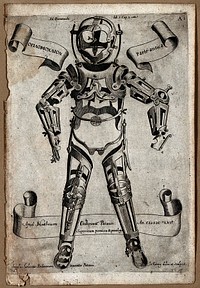 Orthopaedic apparatus for the whole human body: anterior view. Engraving by G. Georgi, 1656.
