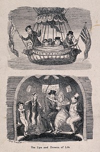 Ascending and descending: (above) people in a balloon; (below) people seated in a rotunda around a pool and in danger of falling into the water. Etching by George Cruikshank, 1842.