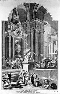 An allegorical monument to Sir Isaac Newton and his theories on prisms. Line engraving by L. Desplaces after D. M. Fratta after G.B. Pittoni, D. Valeriani and G. Valeriani.