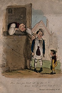 A man is leaning out of the window of his house tweaking the ear of a boy who is holding a piece of string. Coloured etching.