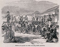 Slaves rescued from a slave ship by the Royal Navy, brought to Fort Augusta, Kingston, Jamaica . Wood engraving, 1857.