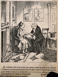 Mr. Lambkin at home ill from overindulgence being visited by a doctor friend. Lithograph by G. Cruikshank.