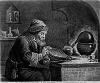An alchemist at his furnace, hunched over bellows. Colour etching by W. Baillie, 1792, after D. Teniers the younger.