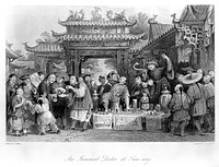An itinerant medicine vendor selling his wares with the aid of assistants and snakes to a captivated audience, Tianjin, China. Engraving by P. Lightfoot, 1858, after T. Allom.