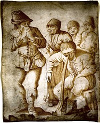 Four men watch, some holding their noses, as a man vomits; representing the sense of smell. Pen and ink drawing by P. Boone, 1651.