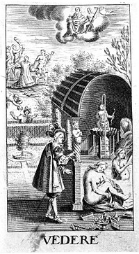 A voyeur watches women taking a bath while above a monk is martyred; representing the sense of sight. Engraving after G. Collaert, 1630, after N. van der Horst.