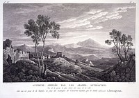 Antioch, Turkey: remains of the old walls of the city, following the slope of a mountain. Engraving by J.B. Liénard after L.F. Cassas.