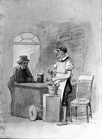 An apothecary's apprentice in a shop mixing up a prescription in a pestle and mortar for a customer. Watercolour attributed to C. Stanfield.