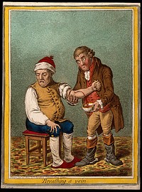 An ill man being bled by a surgeon. Coloured etching by J. Sneyd, 1804, after J. Gillray.